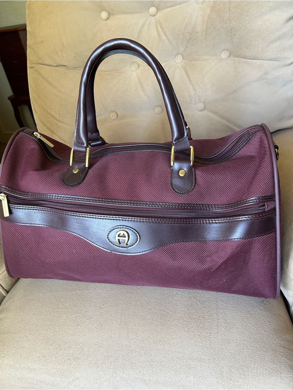 Vintage Aigner Men's Burgundy Travel Duffel Bag with Dark Brown Trim